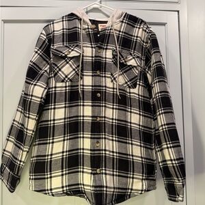 Wrangler black white lined plaid Shacket hoodie button down camping workwear S‎